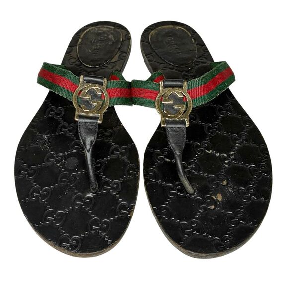 Gucci GG Web Stripe Thong Sandals EU 38.5 US 8.5 Black Flip Flop Slide Flat Heel - Picture 2 of 10